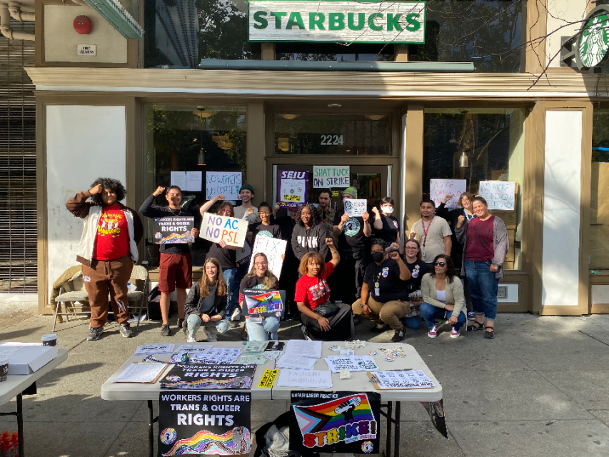 Workers and community allies strike in front of the 2224 Shattuck Starbucks.