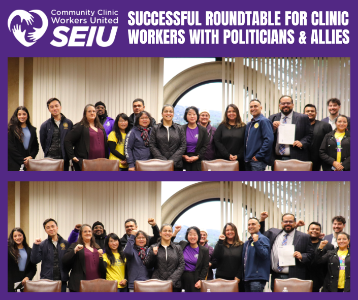 Clinic workers and politicians and labor leaders and allies posing after roundtable discussion in San Jose