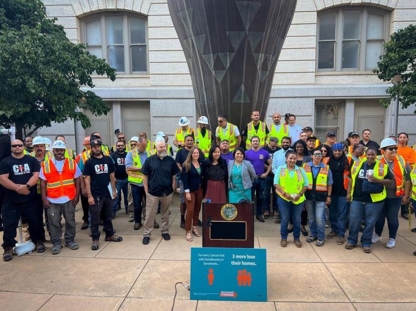 A coalition of labor, community, and allied politicians holding a press conference to announce the creation of 'Sacramento Forward'