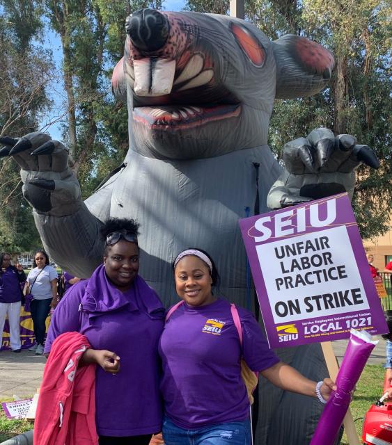 Scabby the rat and SEIU 1021 workers outside San Joaquin General Hospital during a San Joaquin County unfair labor practice strike in March, 2020.