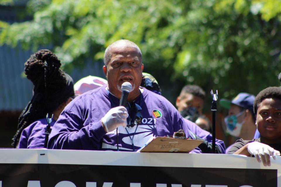Oakland Chief Steward Dwight McElroy speaks at the Rally for Black Lives on June 13 in Oakland.