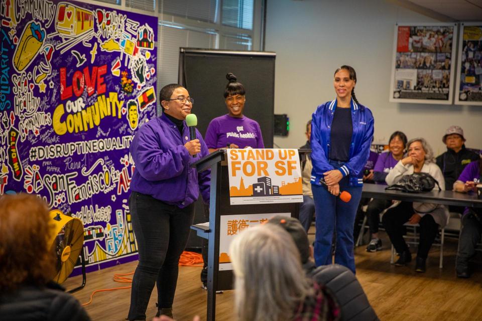 SEIU 1021 President Theresa Rutherford addresses volunteers at the Overpaid CEO Act kickoff on Saturday, December 6