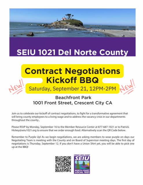 Flier for the Del Norte County Contract Negotiations Kickoff BBQ