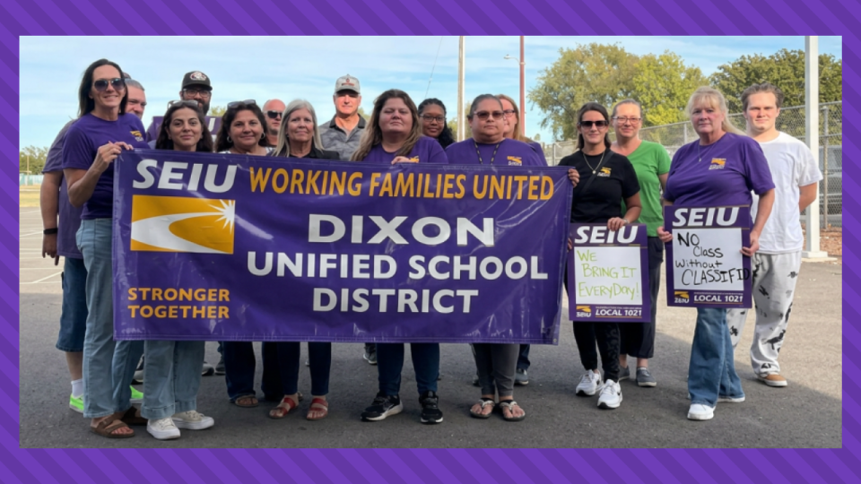 DUSD SEIU 1021 members gather outside the school board meeting on Thursday, August 20
