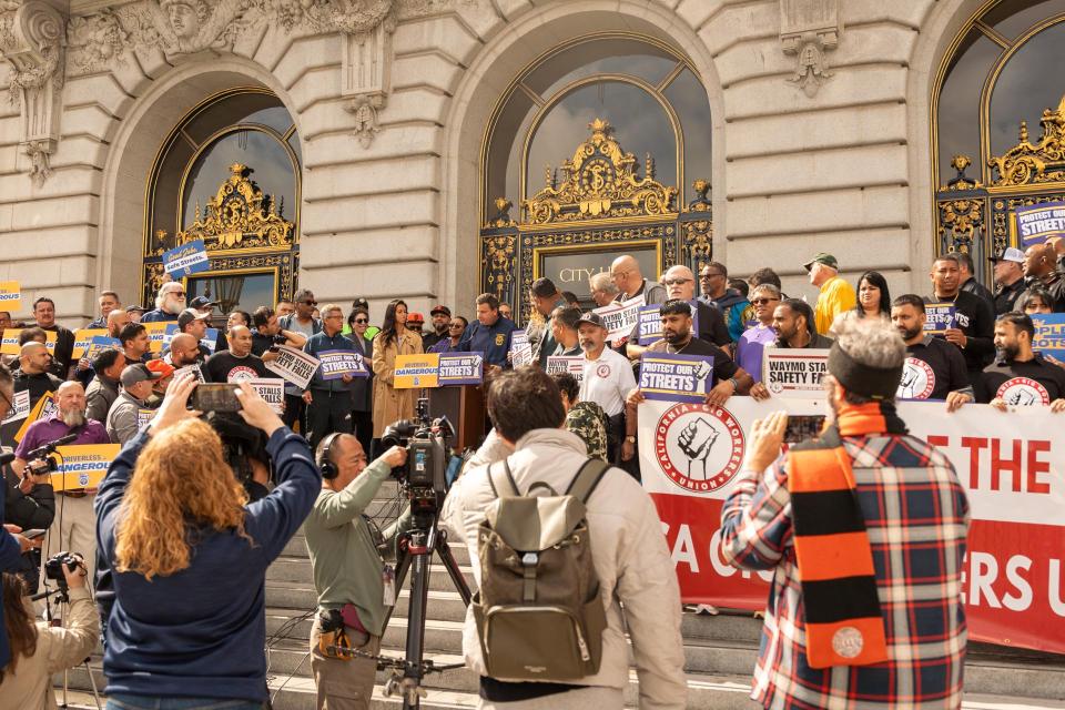 Union members rallied outside San Francisco City Hall, calling out Waymo’s lack of accountability — both to public safety and to the communities it impacts.