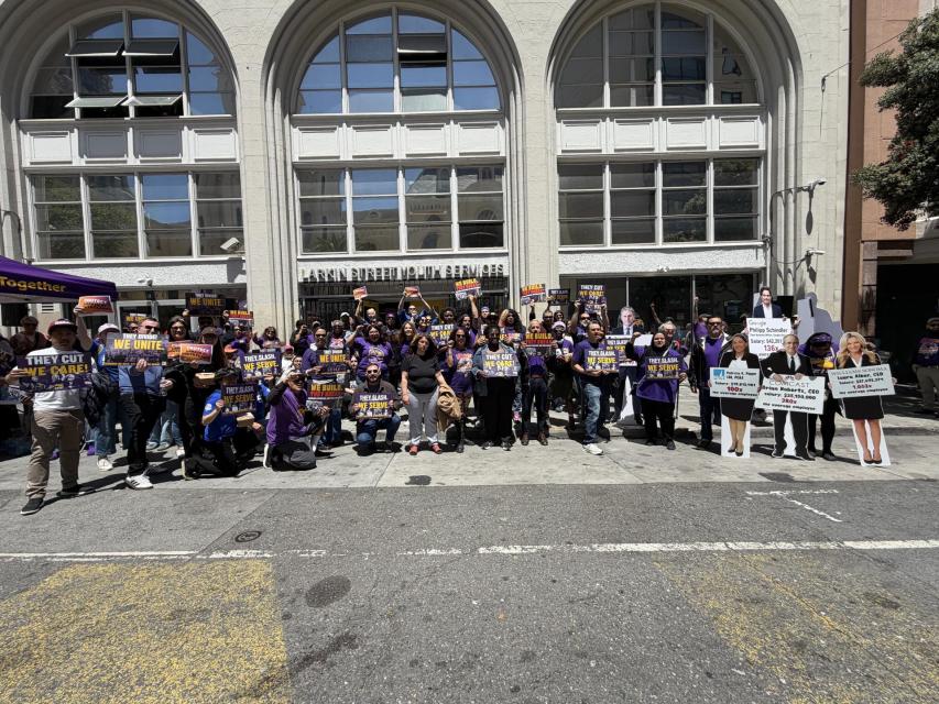 Workers and clients rallied outside Michael Baxter Larkin Street Youth Clinic on Wednesday, May 27.