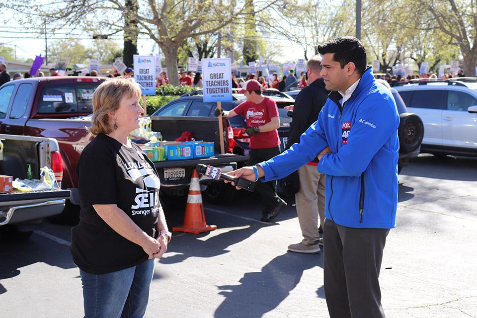 SCUSD Chapter President Karla Faucett is interviewed by Fox 40 News on March 17