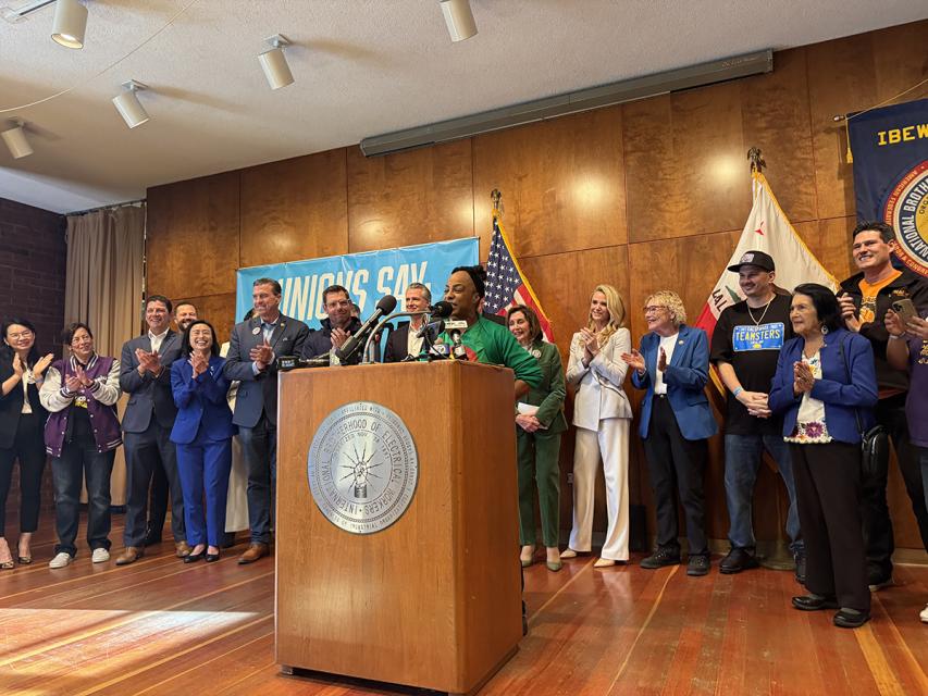 SEIU 1021 SF VP Kristin Hardy speaks at a press conference in support of Prop 50 at the IBEW Local 6 union hall in San Francisco on Monday, November 3.