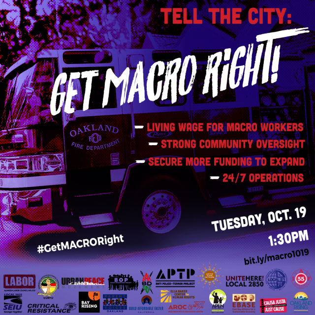 GET MACRO RIGHT social media graphic calling for fair wages, community oversight, and enough funding to operate 24 / 7.