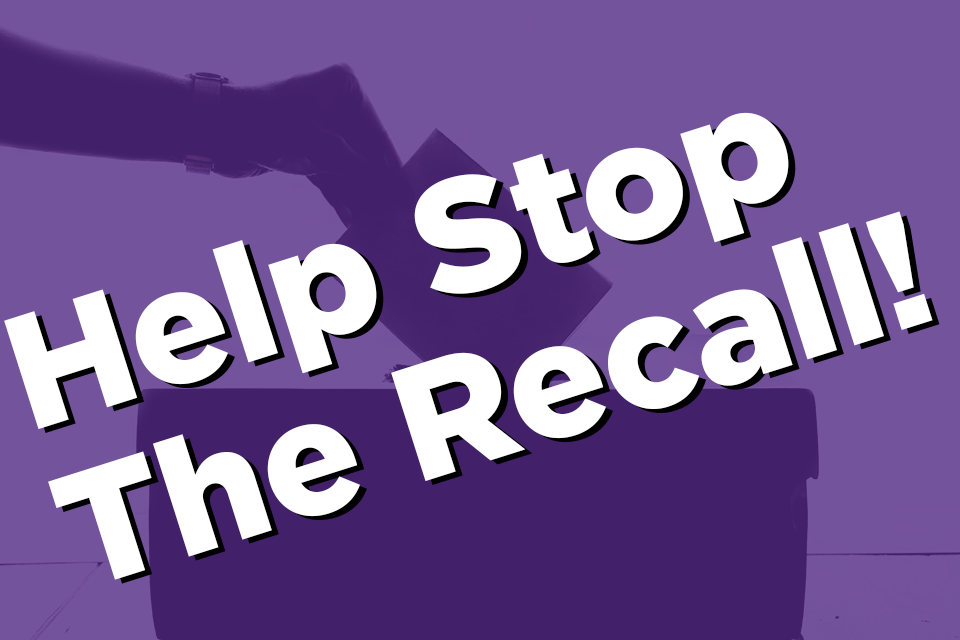 Hand putting a ballot into a ballot box, with a caption reading "Help Stop the Recall!"