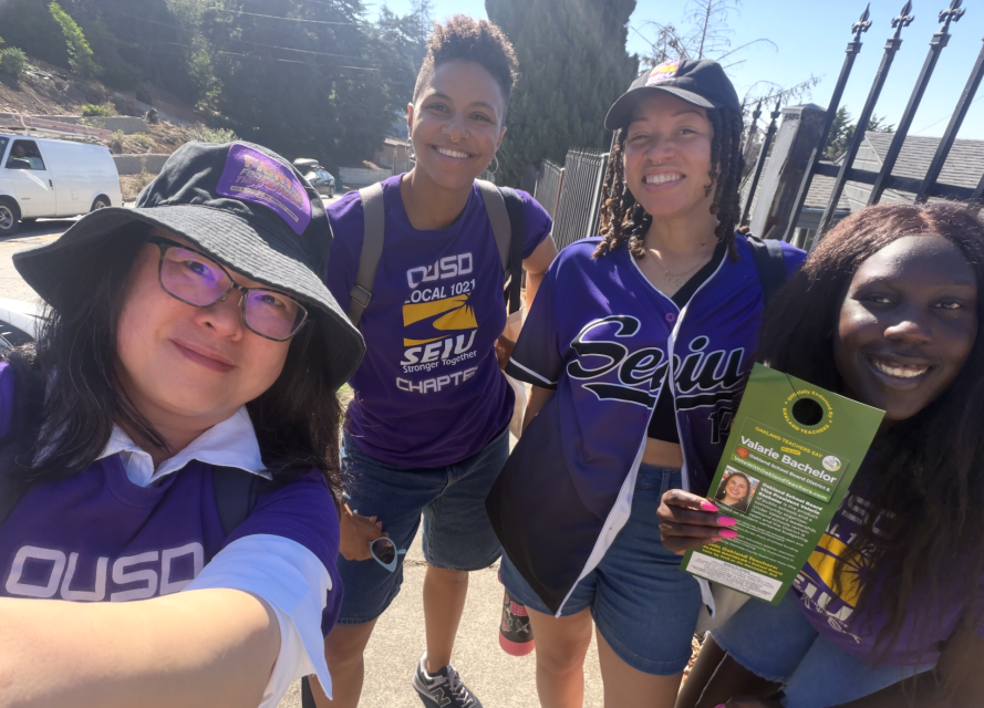 (L to R) Phoebe Nguyen - Chapter President Sienna Kuykendell - OT OUSD Holly Wilson - Chapter Secretary  and Cat Joseph - Chief Steward  proudly knock doors for School Board candidates Jennifer Brouhard and Valarie Bachelor