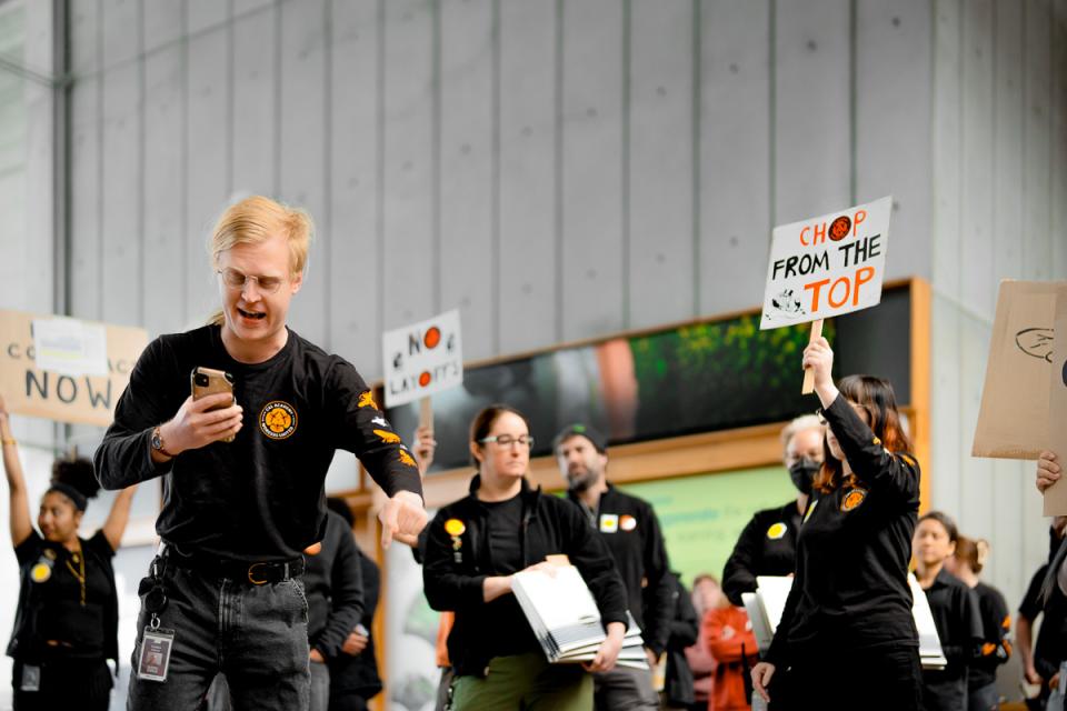 Chapter President Teddy Vollman speaks at the May 5 solidarity break. Photo credit: Nicole Ravicchio