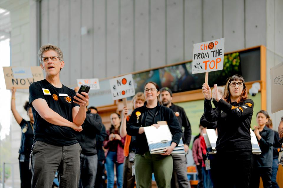 Planetarium producer Matt Blackwell speaks at the May 5 solidarity break. Photo credit: Nicole Ravicchio