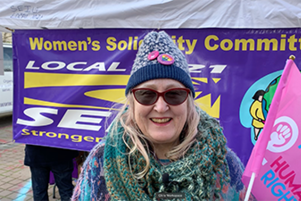 Sally Buchmann, an SEIU 1021 retiree from San Francisco General Hospital and co-chair of the SEIU 1021 Lavender Caucus, at the Women's March in Oakland. SEIU 1021 members participated in marches in Walnut Creek, Sacramento, Oakland, San Francisco, Santa Rosa, and beyond on January 18.