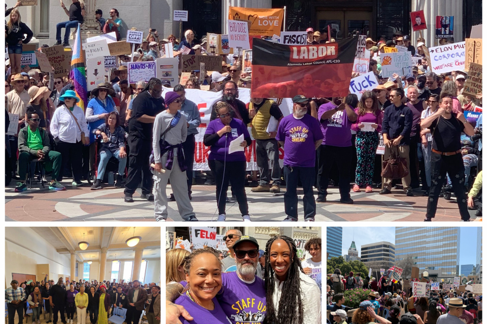 SEIU 1021 and Barbara Lee at Oakland Hands Off rally on Saturday, April 5