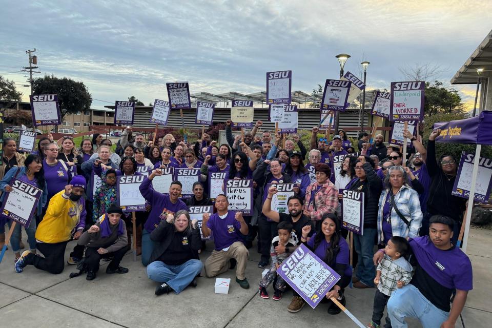 HUSD members and allies rally before the evening's board meeting