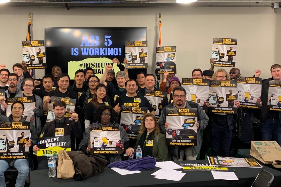 Uber and Lyft drivers thank CA lawmakers for the passage of AB5 in Sacramento on February 3.