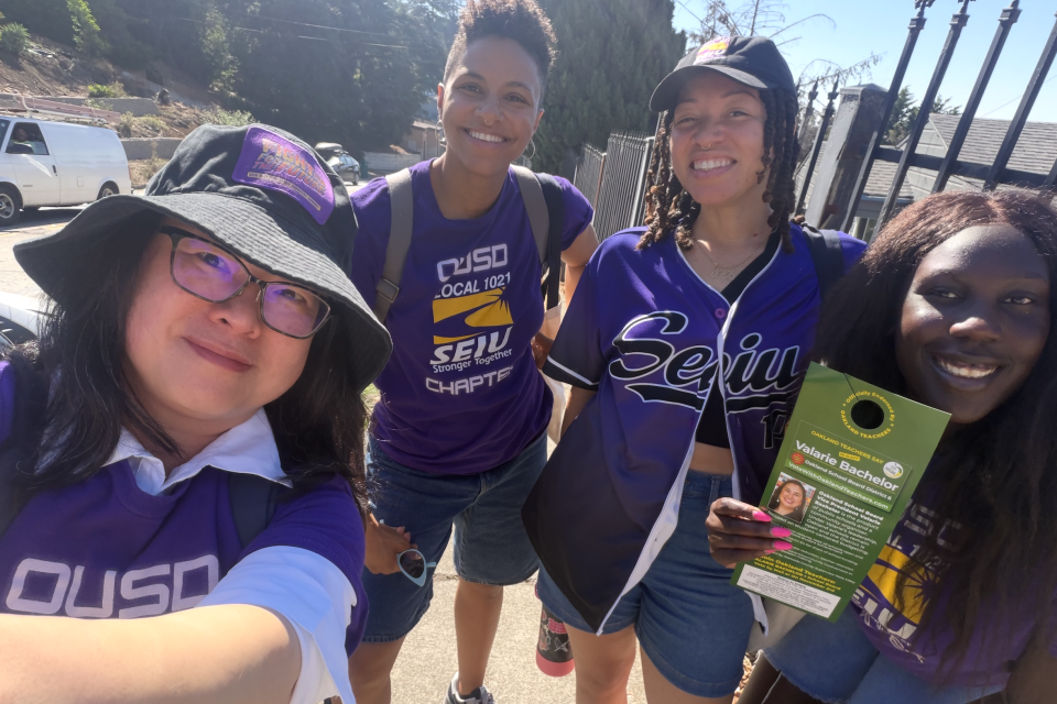 (L to R) Phoebe Nguyen - Chapter President Sienna Kuykendell - OT OUSD Holly Wilson - Chapter Secretary  and Cat Joseph - Chief Steward  proudly knock doors for School Board candidates Jennifer Brouhard and Valarie Bachelor