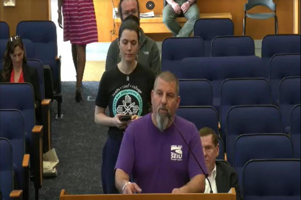 Alongside SEIU 1021's community allies, SEIU 1021 Regional Vice President Travis Balzarini opposes the proposed building purchases at the April Sonoma County Board of Supervisors meeting