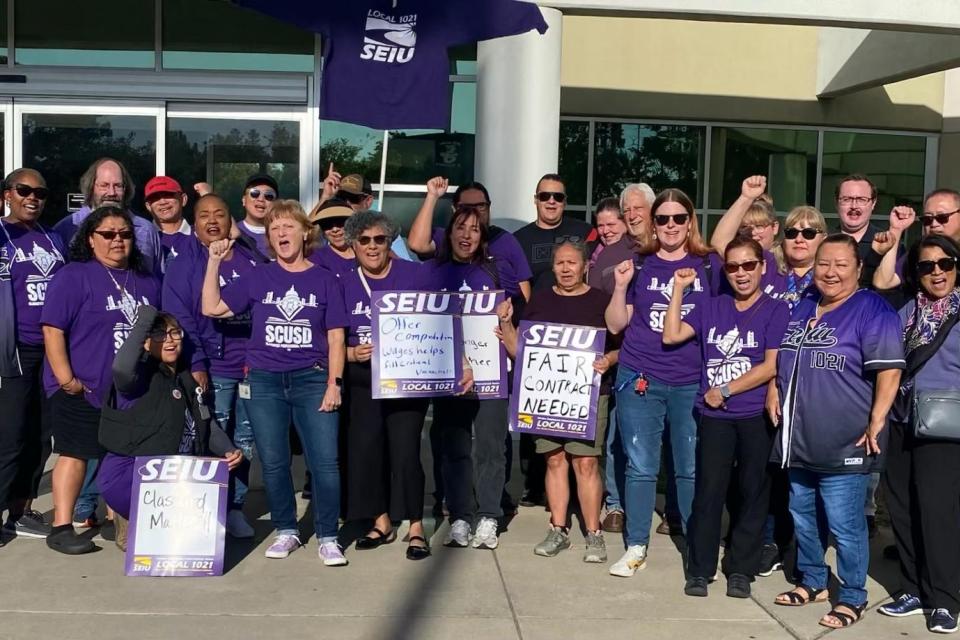SCUSD classified professionals gather in front of the Sacramento Unified School District office during a rally on October 9, 2025.