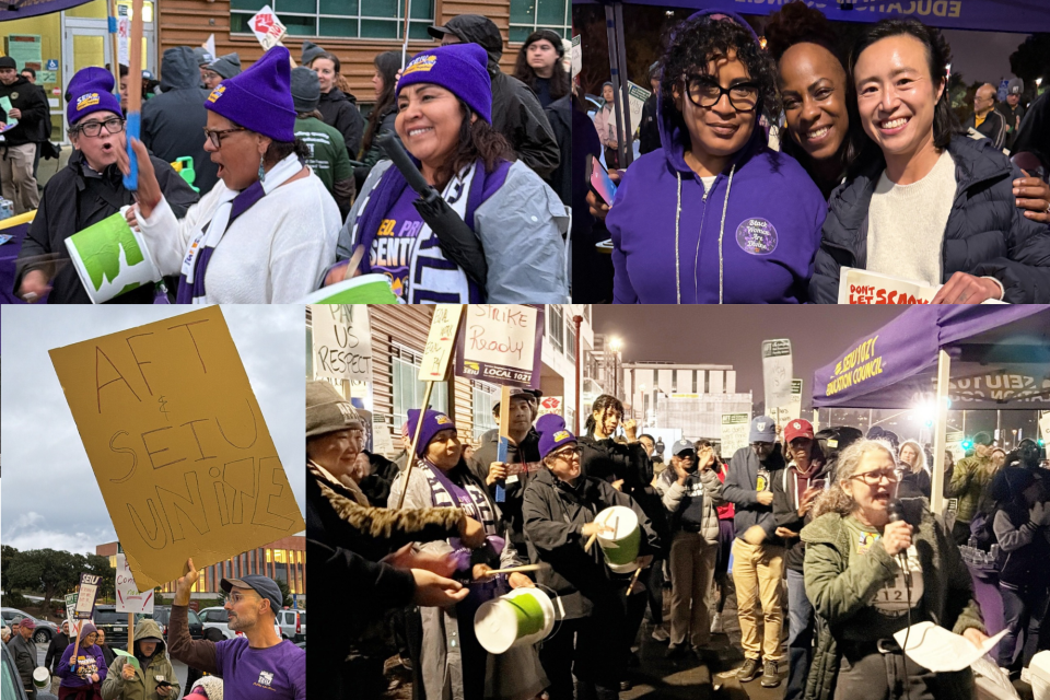 SEIU 1021 and AFT 2121 members alongside elected officials, students and community supporters rally in the rain for the future of City College of San Francisco.