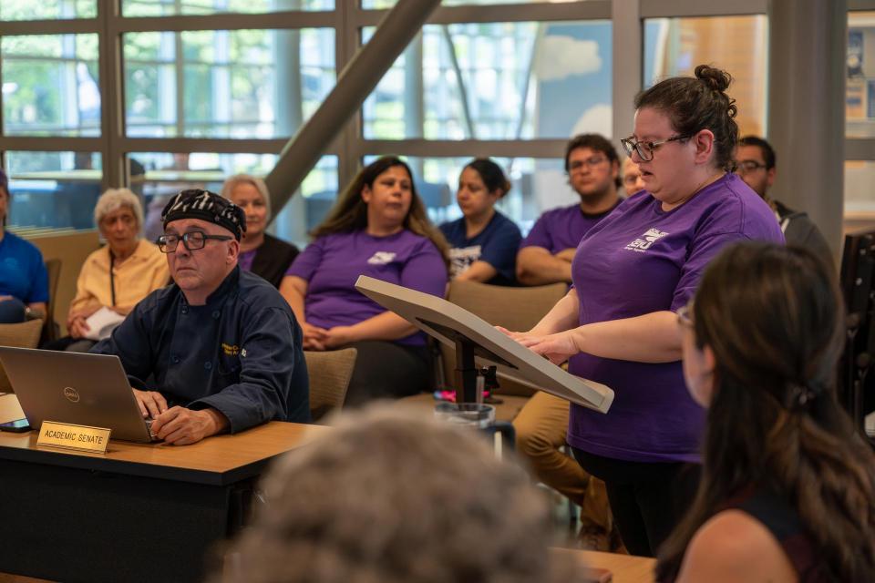SEIU 1021 chapter president Beronica Leon demanding that the Mendocino Lake Community College Board of Trustees invest in the Mendocino community