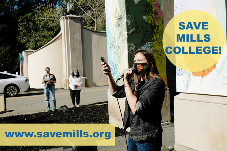 Mills staff member Kalie Caetano addressed the #SaveMills rally on March 26.
