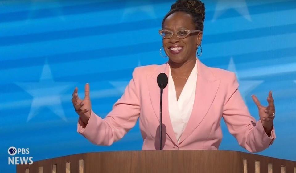 Lateefah Simon at the 2024 Democratic National Convention speaking in support of future President Kamala Harris