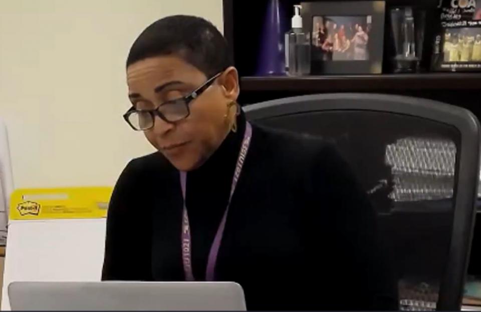 SEIU 1021 President Theresa Rutherford emphasizing the need for a ceasefire during the "Labor for Peace in Palestine" online teach-in