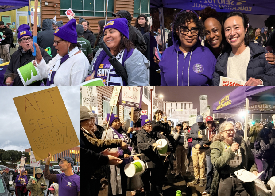 SEIU 1021 and AFT 2121 members alongside elected officials, students and community supporters rally in the rain for the future of City College of San Francisco.